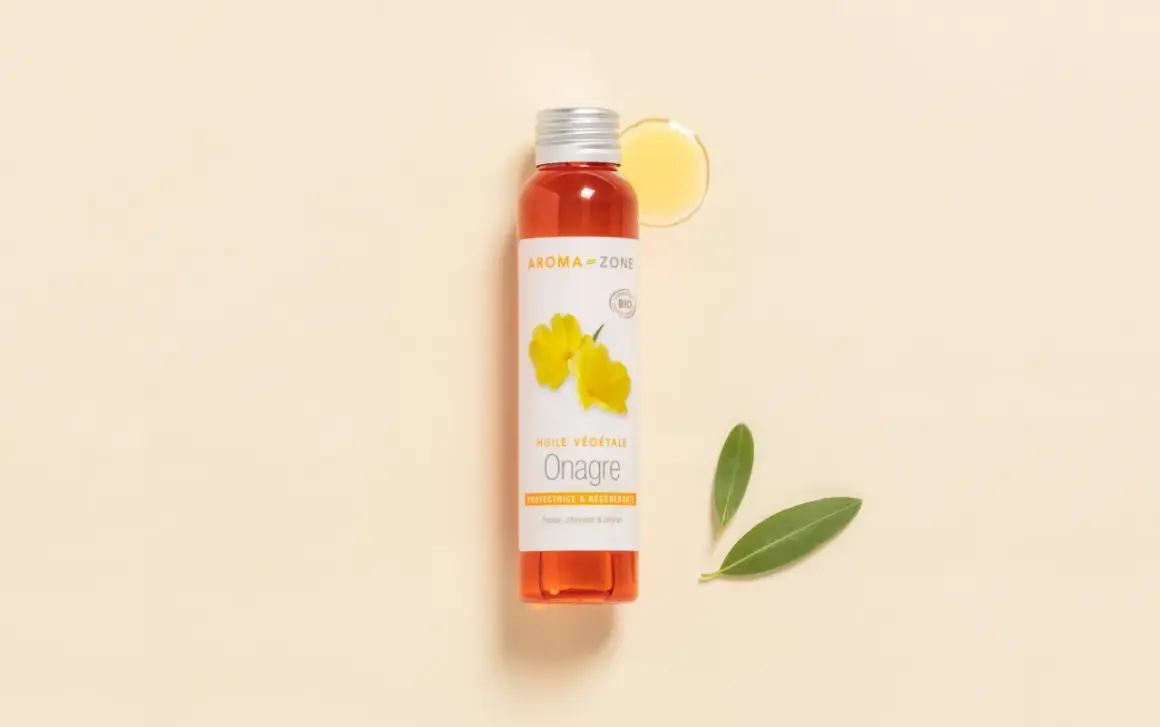 Flacon d'huile d'onagre bio, protectrice et régénérante. Idéal pour peaux, cheveux et ongles, et peut aider durant la ménopause.