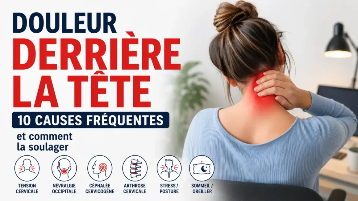Une femme se tient la nuque, souffrant de mal derrière la tête. L'image liste 10 causes fréquentes de ce mal.