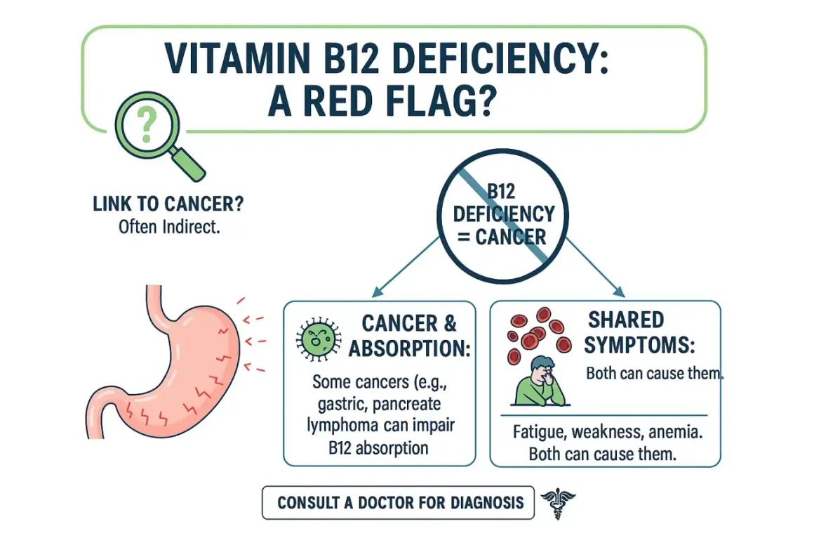 La carence en vitamine B12 peut être un signe de cancer. L'image montre le lien entre la carence en B12, les cancers affectant l'absorption et les symptômes partagés comme la fatigue.