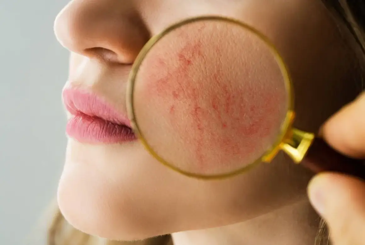 Gros plan sur une peau rougie, examinée à la loupe. Une approche de rosacée traitement naturel pour apaiser les rougeurs.