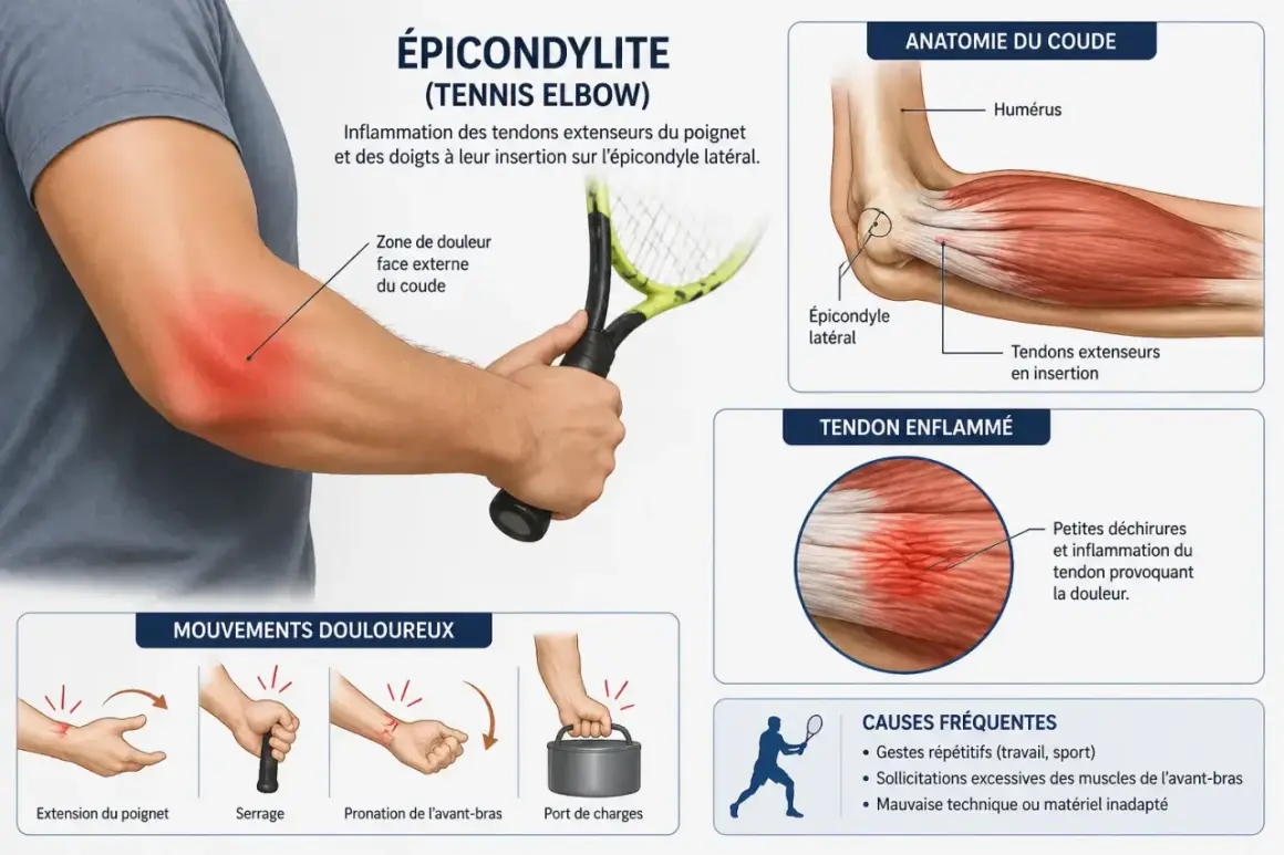 Illustration expliquant l'épicondylite, ou mal au coude droit, avec anatomie, causes et mouvements douloureux.
