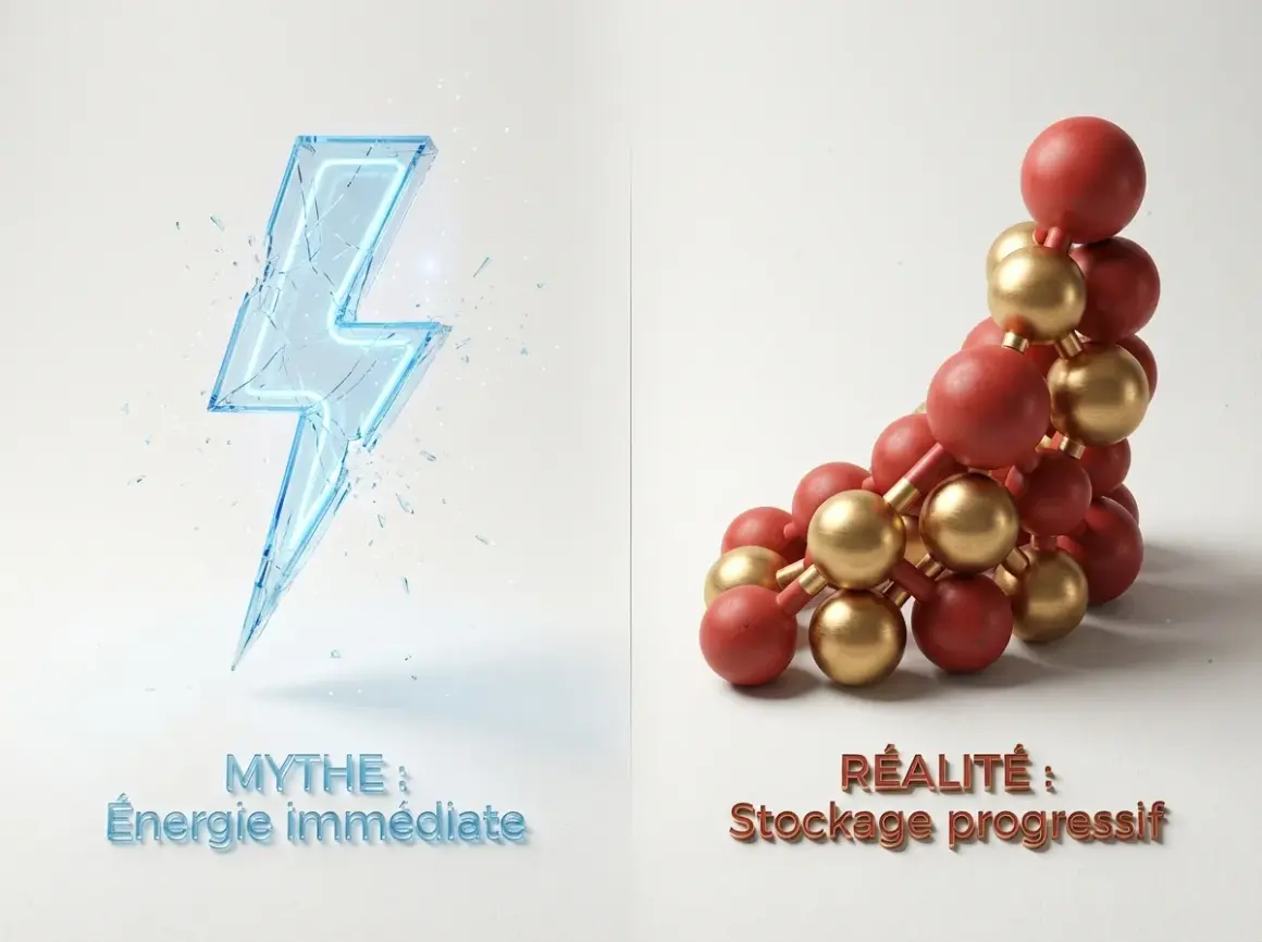 Mythe : énergie immédiate, réalité : stockage progressif. La vitamine B12 n'a pas d'effet immédiat, mais un stockage progressif.