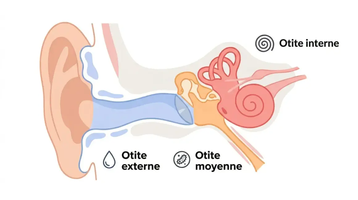 Schéma de l'oreille montrant otite externe, moyenne et interne. Des remèdes naturels pour l'otite peuvent aider.