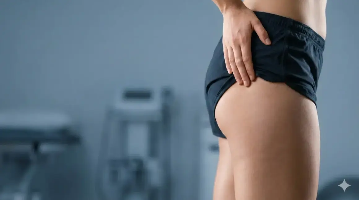 Une personne touche sa hanche, suggérant comment calmer la douleur d'une tendinite du moyen fessier.