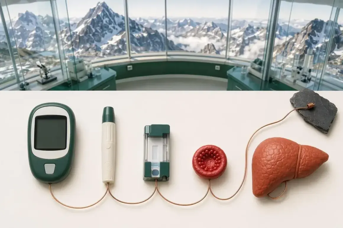 Appareil de mesure de glycémie, lancette, bandelettes, globule rouge et foie, symbolisant comment faire baisser l'hémoglobine glyquée.