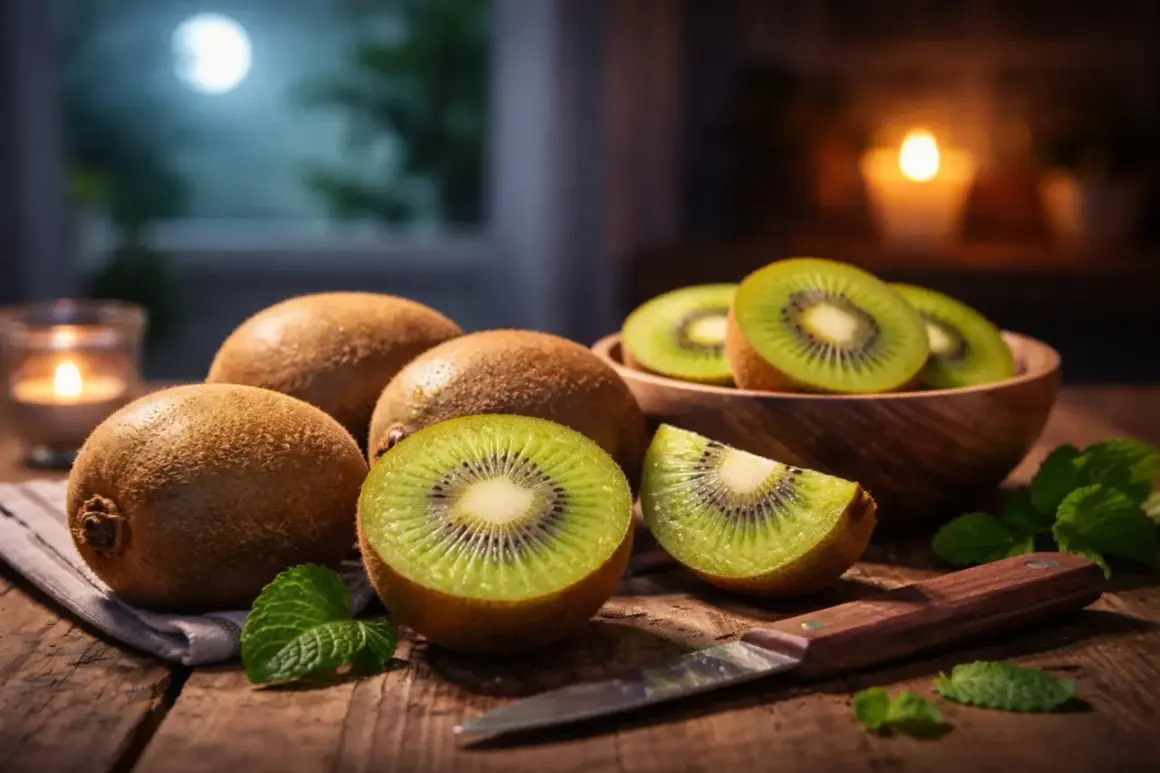Des kiwis frais coupés et entiers sur une table en bois, avec une bougie allumée et une lune visible par la fenêtre. Parfait pour manger un kiwi le soir.
