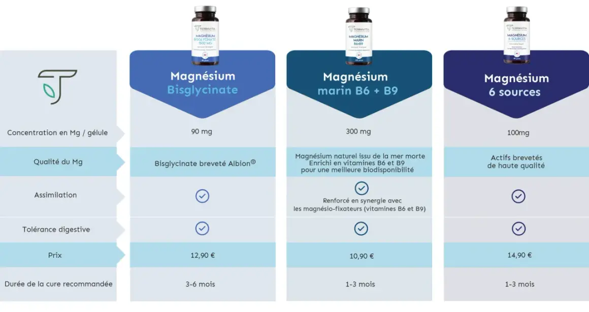 Comparatif des magnésiums : le bisglycinate Albion® est breveté, le marin B6+B9 est enrichi pour une meilleure biodisponibilité, et le 6 sources utilise des actifs de haute qualité. Quel magnésium est le plus efficace ?
