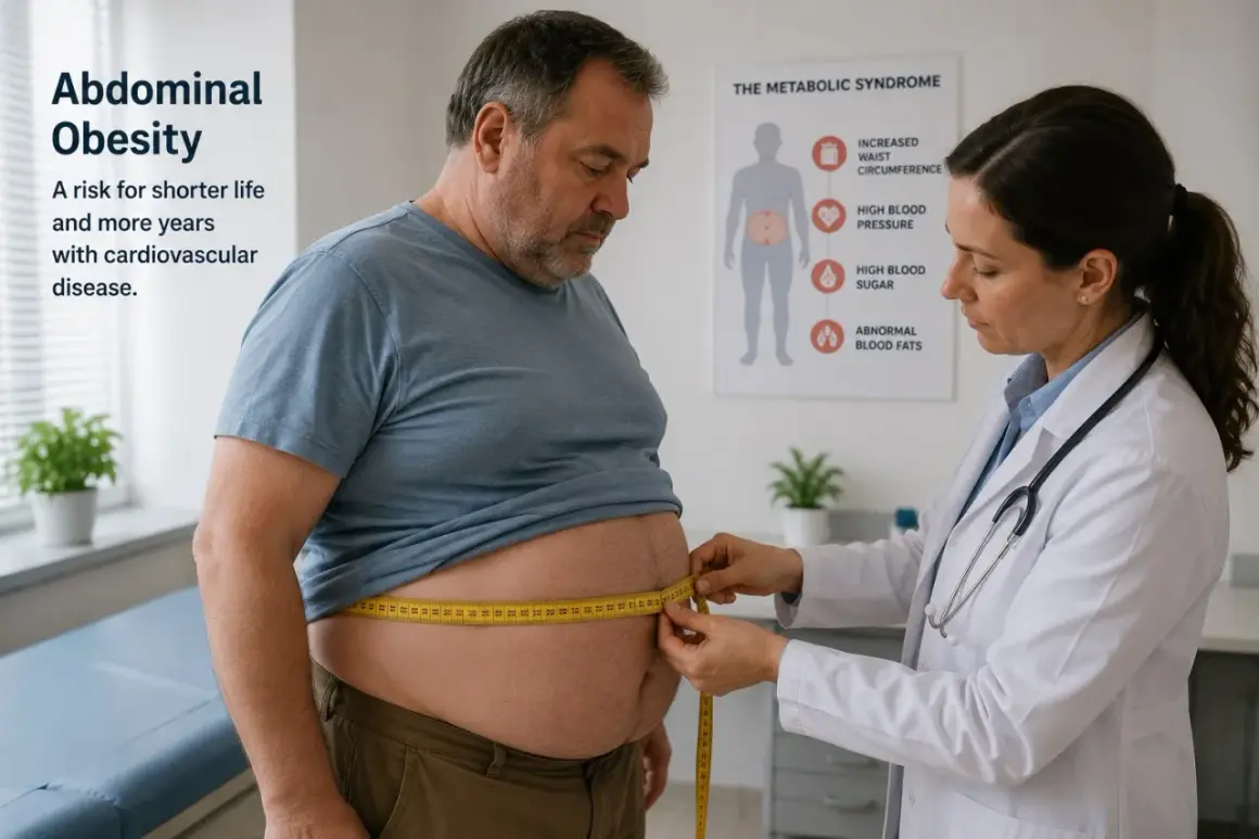 Un médecin mesure la taille d'un homme obèse. L'obésité abdominale présente un danger, tout comme l'ostéopathie viscérale mal pratiquée.