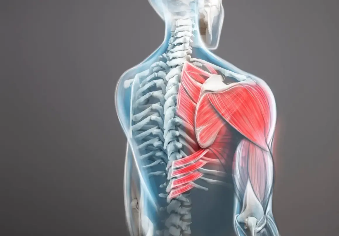 Vue anatomique du dos montrant une contracture trapèze qui ne passe pas, avec les muscles en rouge vif.