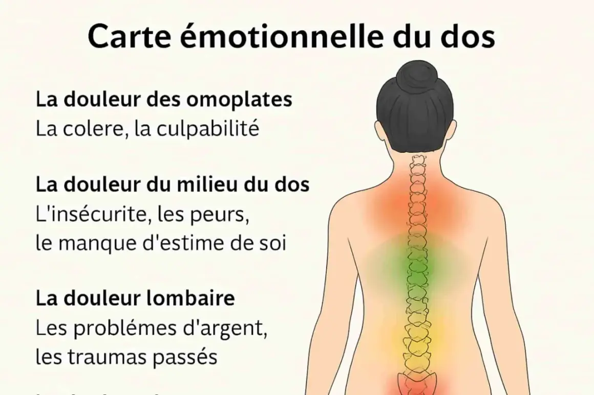 Carte émotionnelle du dos : la douleur du milieu du dos liée à l'insécurité, aux peurs et au manque d'estime de soi.