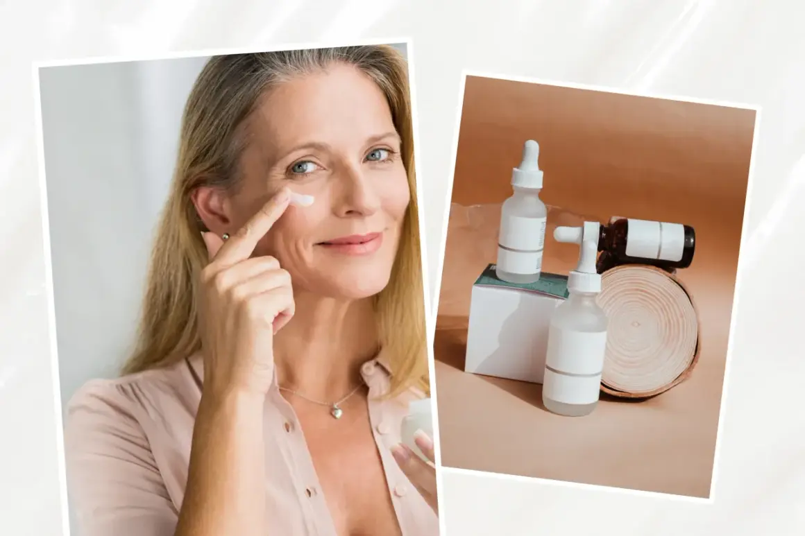 Une femme applique une crème, un geste pour une peau éclatante. À côté, des flacons de sérum, peut-être riches en vitamine A pour la peau.