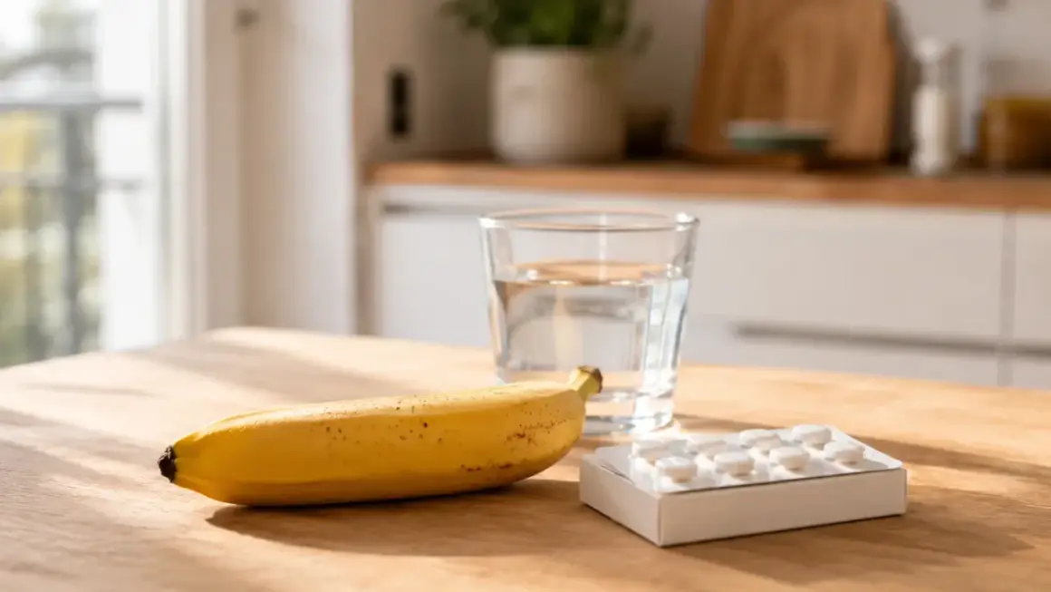 Une banane, un verre d'eau et une plaquette d'anticoagulant sur une table en bois.