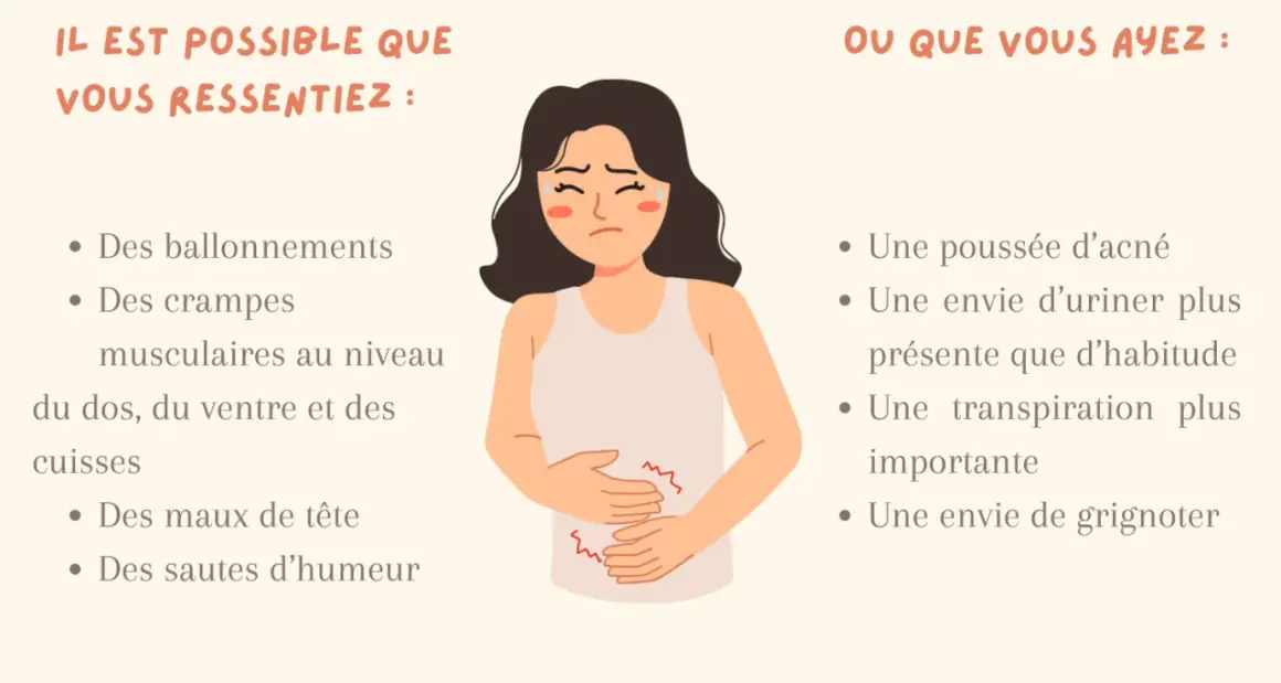 Femme souffrant de douleurs règles insupportables, ballonnements, crampes, maux de tête et sautes d'humeur.