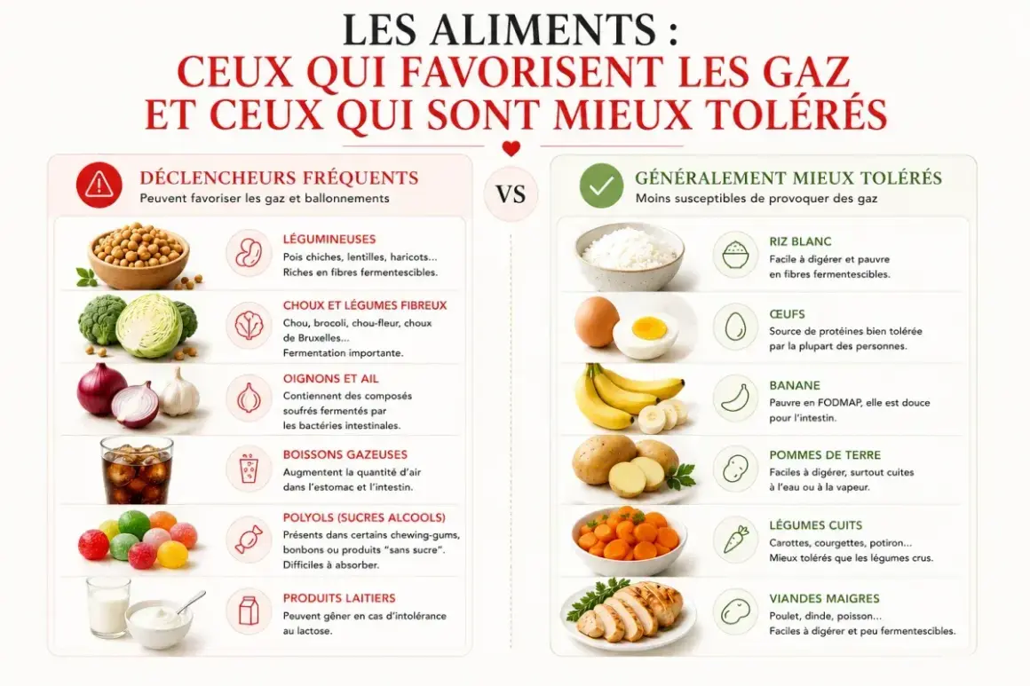 Liste aliments anti-ballonnements : légumineuses, choux, oignons, ail, boissons gazeuses, polyols, produits laitiers sont à éviter. Riz blanc, œufs, banane, pommes de terre, légumes cuits, viandes maigres sont mieux tolérés.