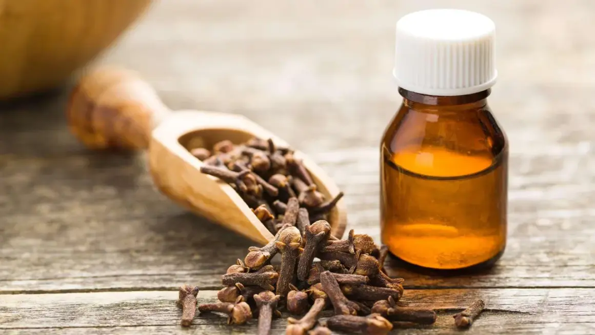 Clous de girofle et une fiole d'huile essentielle, suggérant un traitement naturel pour l'intoxication alimentaire.