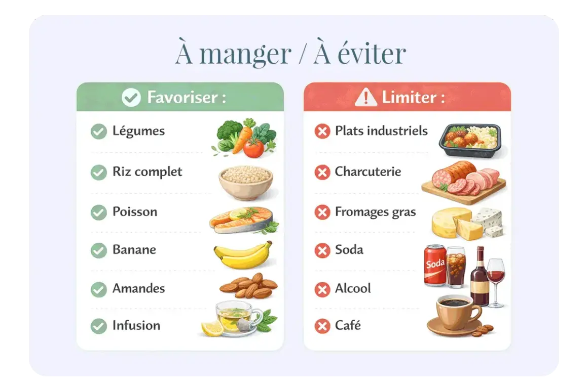 Légumes, riz complet, poisson, banane, amandes, infusion : voici quoi manger le soir pour bien dormir. Évitez plats industriels, charcuterie, fromages gras, soda, alcool et café.