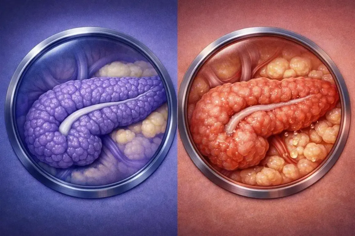 Pancréas sain (violet) vs. pancréas enflammé (rouge). Une prise de sang pour la lipase peut aider à diagnostiquer une pancréatite.