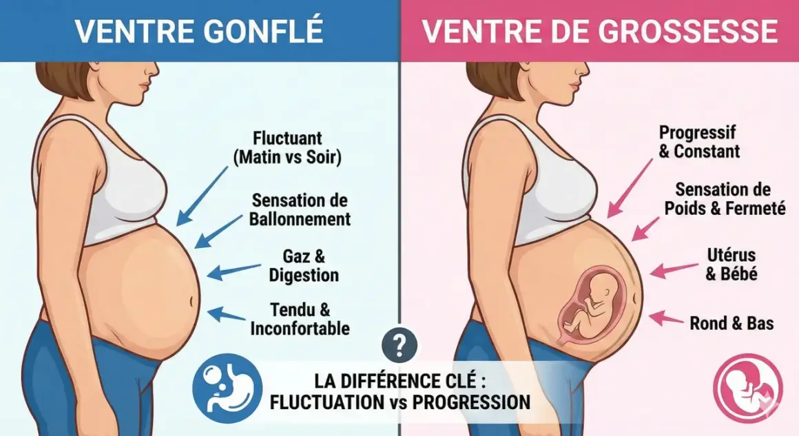 Comparaison entre un ventre gonflé (fluctuant, ballonnement, gaz) et un ventre de grossesse (progressif, utérus & bébé).