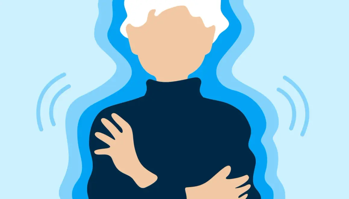 Person se serre les bras, le corps entouré d'ondes bleues, évoquant une sensation de froid soudaine.