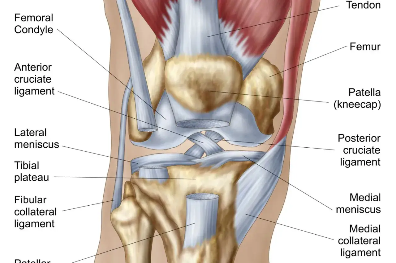 Anatomie du genou, montrant la rotule et les ligaments. Une douleur à la rotule du genou peut affecter ces structures.
