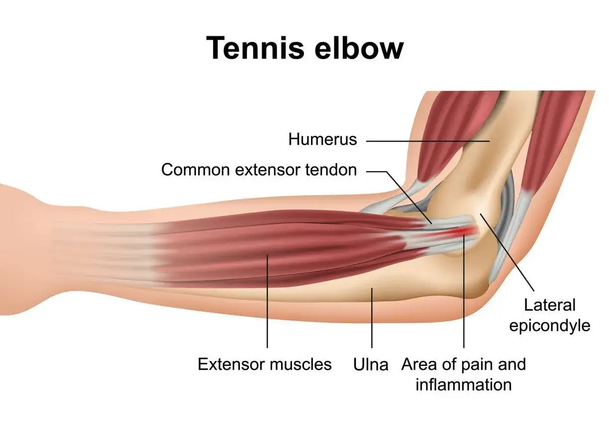 Anatomie du coude montrant la douleur et l'inflammation du tendon extenseur commun, cause de la douleur os du coude.