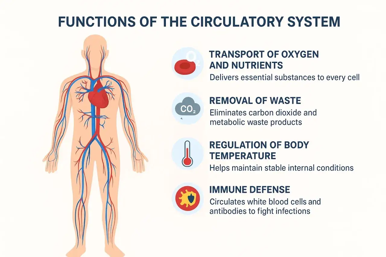 Le système circulatoire régule la température corporelle, gérant la sensation de chaud et froid dans le corps. Il transporte aussi oxygène, nutriments et élimine les déchets.