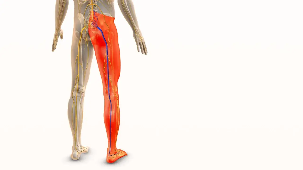 Anatomie du nerf sciatique, avec la jambe droite en rouge pour illustrer une douleur ou une inflammation du nerf sciatique mollet.