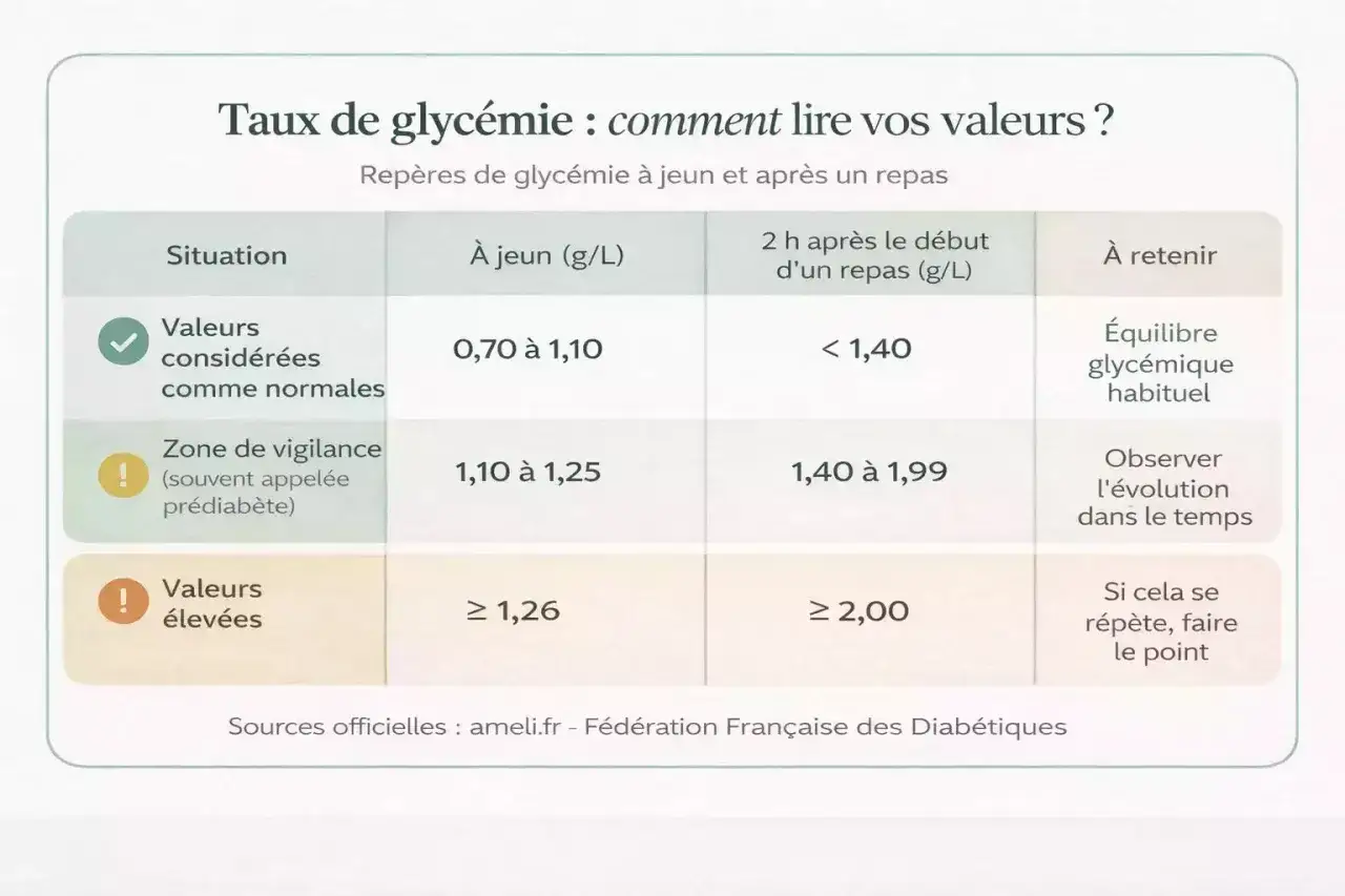Tableau indiquant les repères de glycémie. Une glycémie à jeun élevée (≥ 1,26 g/L) nécessite une consultation.