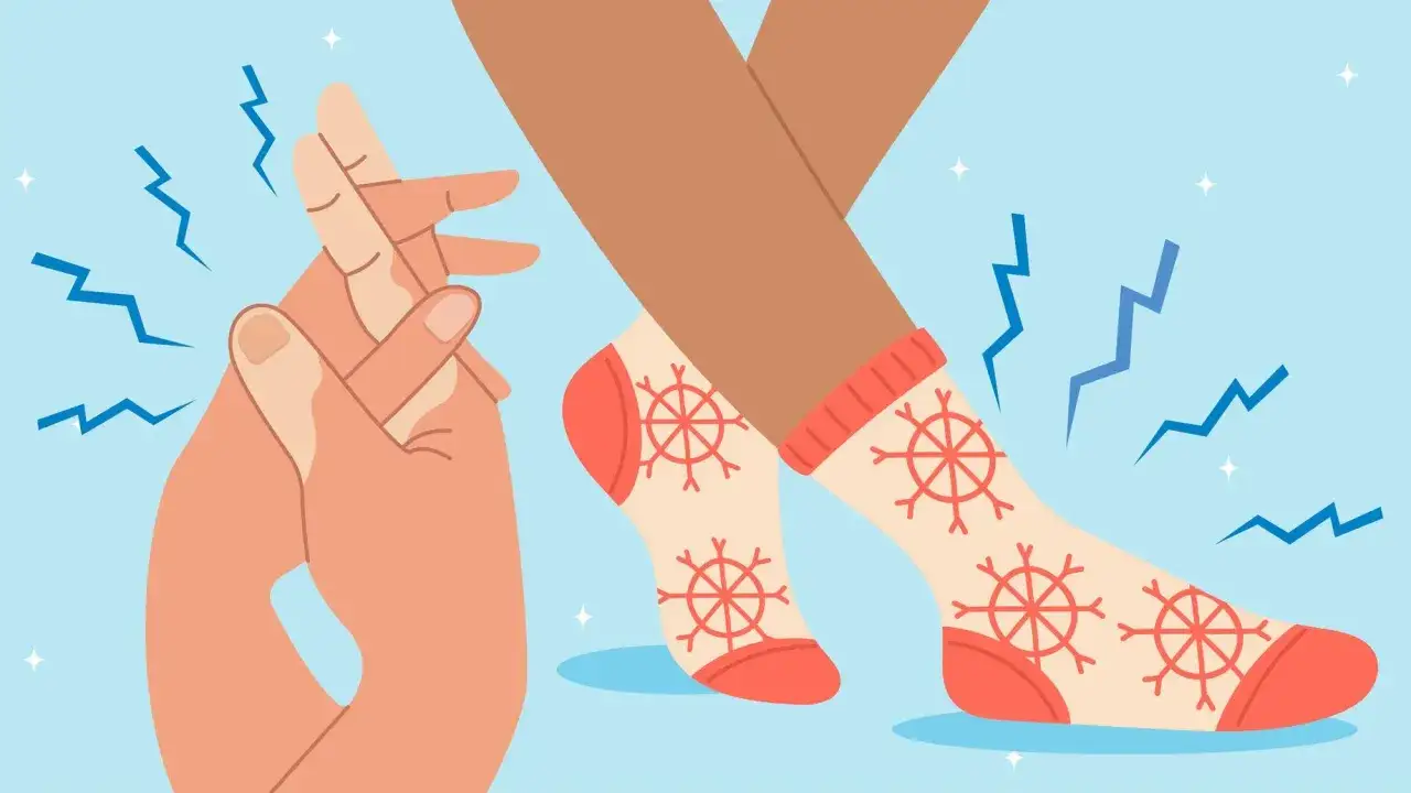 Des doigts qui claquent, des pieds emmitouflés dans des chaussettes à flocons. Une illustration symbolisant la sensation de froid intérieur du corps.