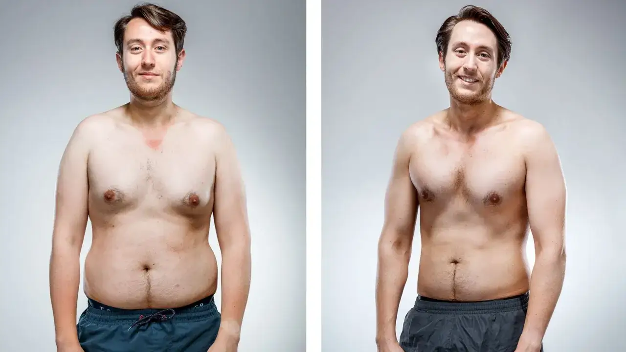 Avant/après : un homme perd sa graisse abdominale et retrouve un corps plus athlétique.