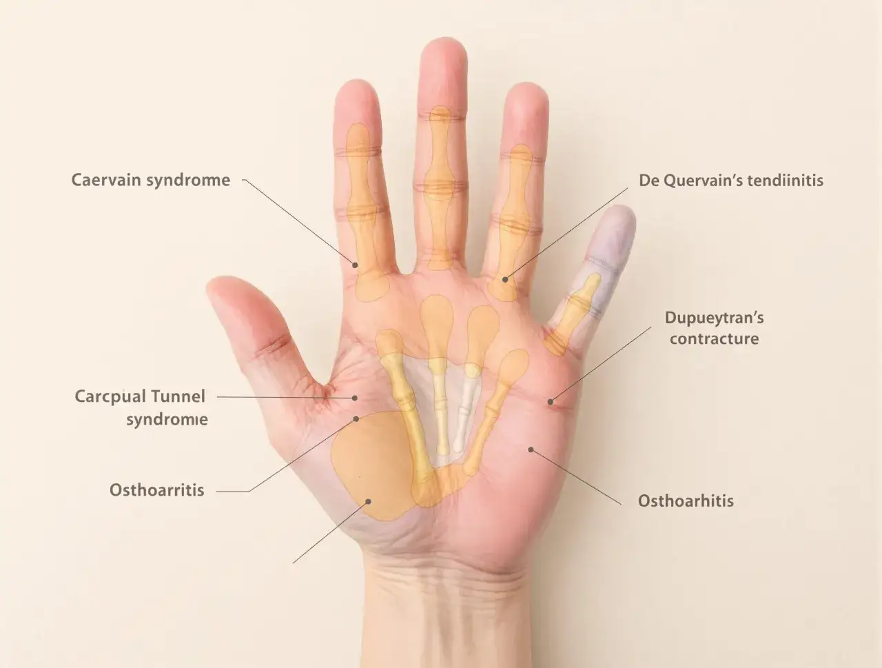 Anatomie de la main droite montrant les causes de douleur au petit doigt : syndrome de De Quervain, arthrose, etc.