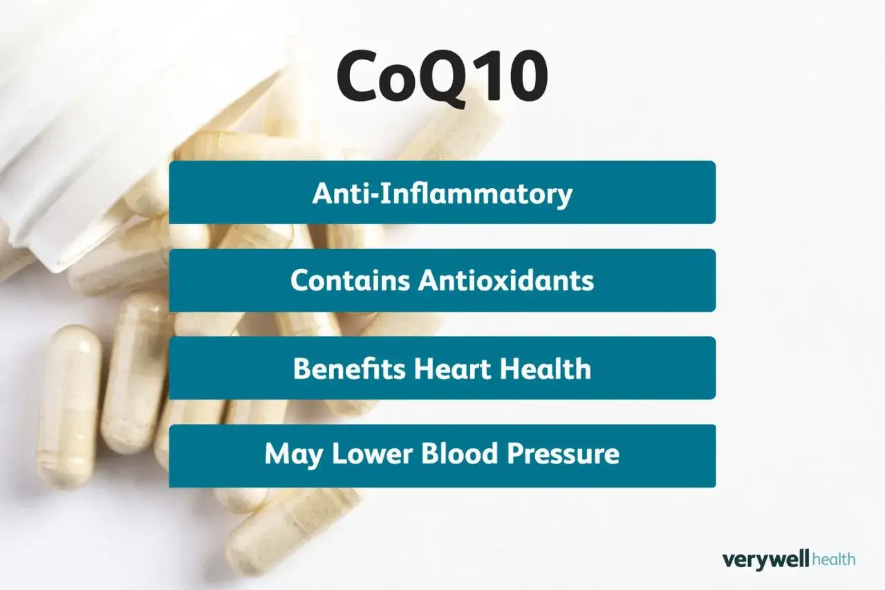 CoQ10 : anti-inflammatoire, antioxydant, bienfaits pour le cœur et peut abaisser la tension artérielle.