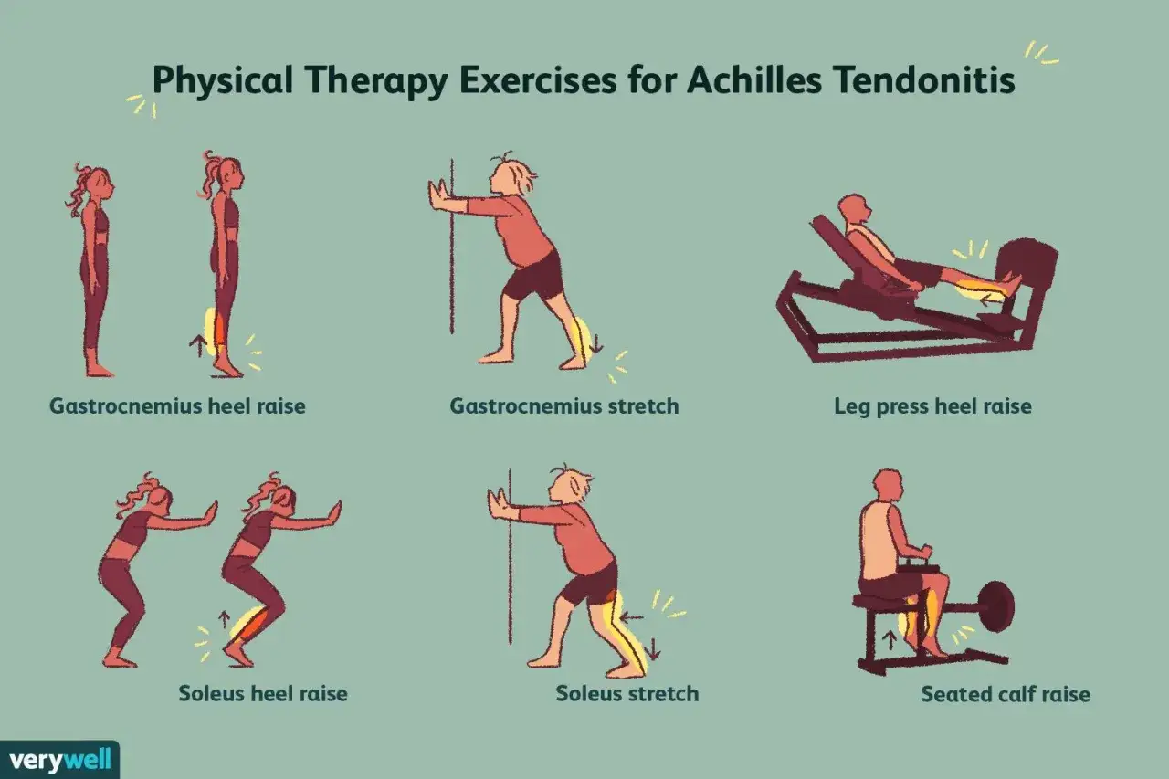 Exercices de kinésithérapie pour la tendinite du tendon d'Achille : élévations et étirements des mollets, presse à jambes.