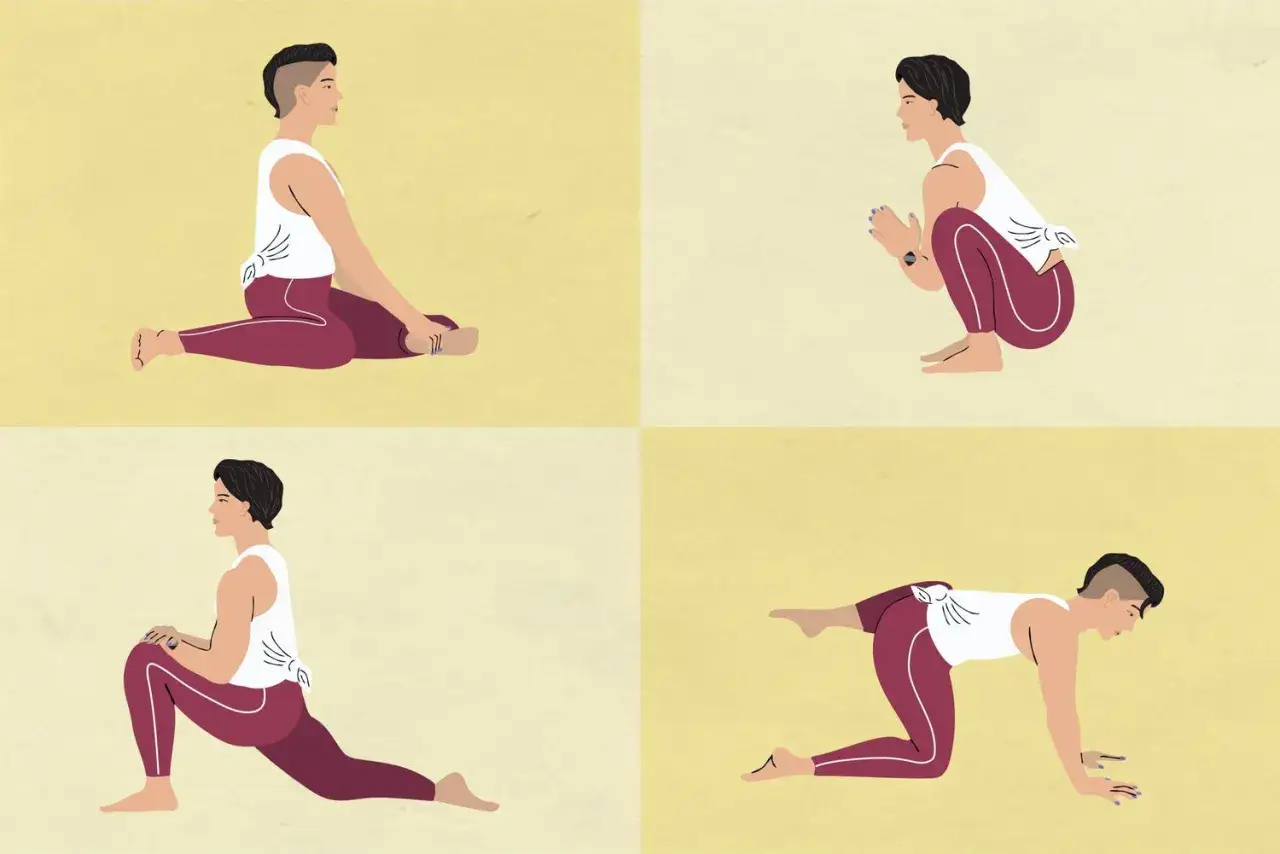 Quatre illustrations de yoga : posture assise, accroupie, fente et quadrupédie. L'une des postures prépare à un grand écart latéral.