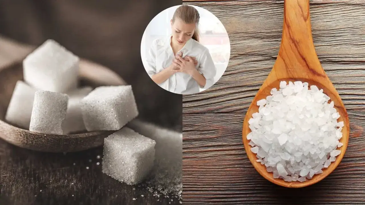 Sucre et sel sur cuillères, une femme se tient la poitrine. Attention au cholestérol, sucre ou sel pour votre cœur.