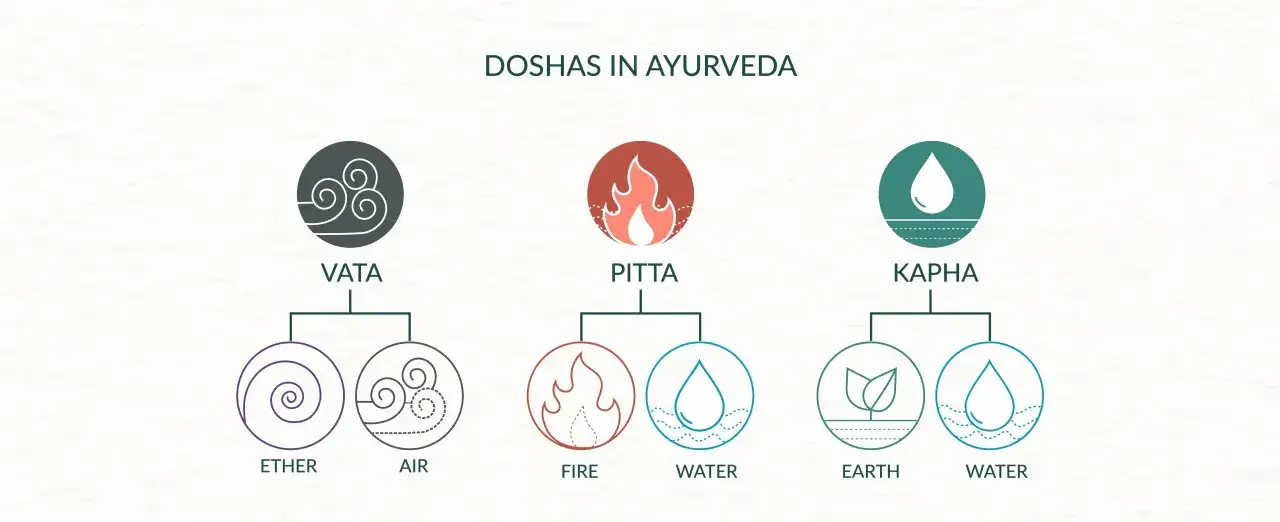 Schéma des doshas Vata, Pitta, Kapha en Ayurveda, avec leurs éléments : éther, air, feu, eau, terre.