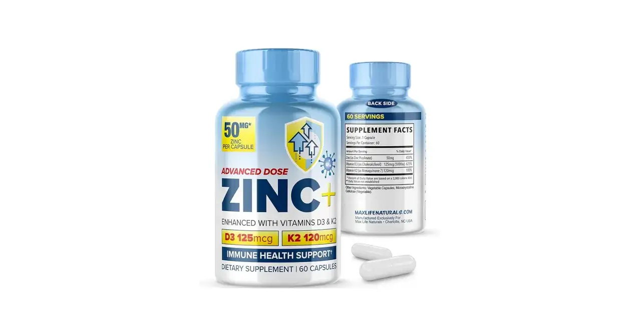Flacon de cure de zinc avancé, enrichi en vitamines D3 et K2, pour le soutien immunitaire.