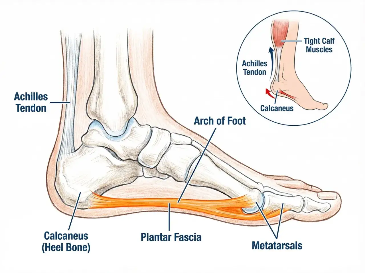 Anatomie du pied montrant le talon, l'arche, le fascia plantaire et le tendon d'Achille. Une douleur au talon peut indiquer une tendinite sous le talon.