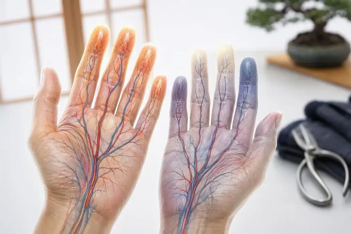 Mains et pieds froids, une illustration montrant la circulation sanguine dans les doigts, suggérant des problèmes de thyroïde.