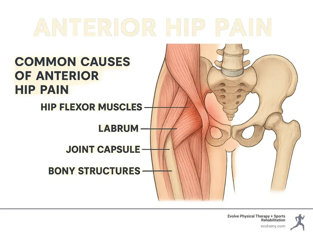 Anatomie de la hanche montrant les causes de mal aux hanches : muscles fléchisseurs, labrum, capsule articulaire et structures osseuses.