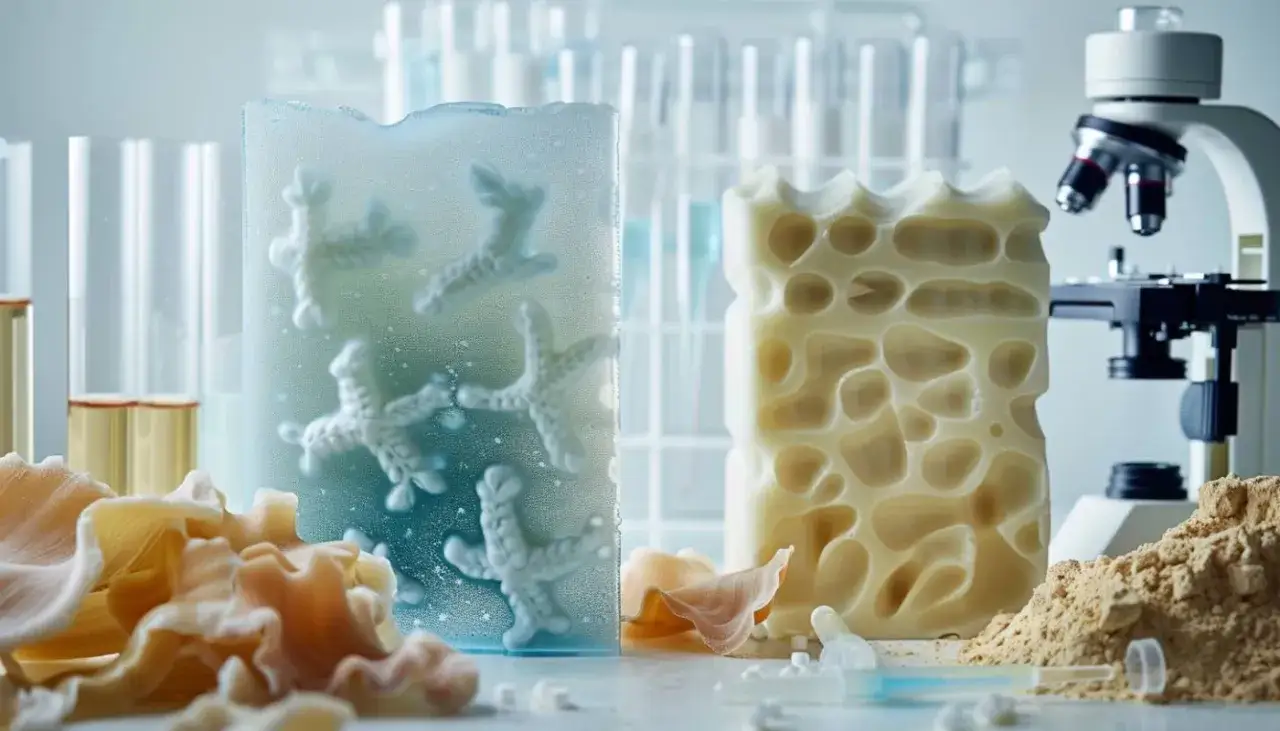 Échantillons de collagène bovin ou marin en laboratoire, avec des structures osseuses et marines, des éprouvettes et un microscope.