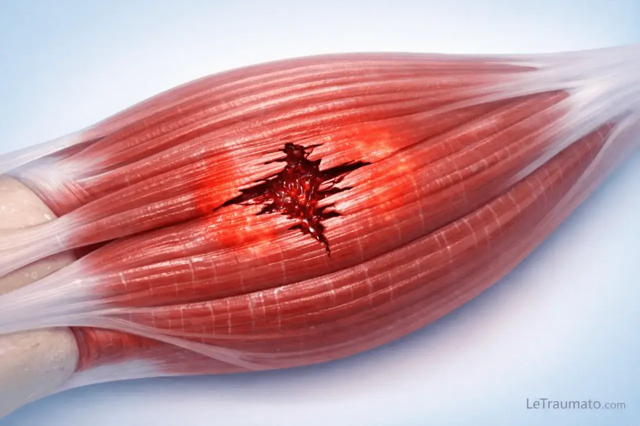 Déchirure musculaire saignante. La guérison et le temps d'arrêt de travail dépendent de la gravité.