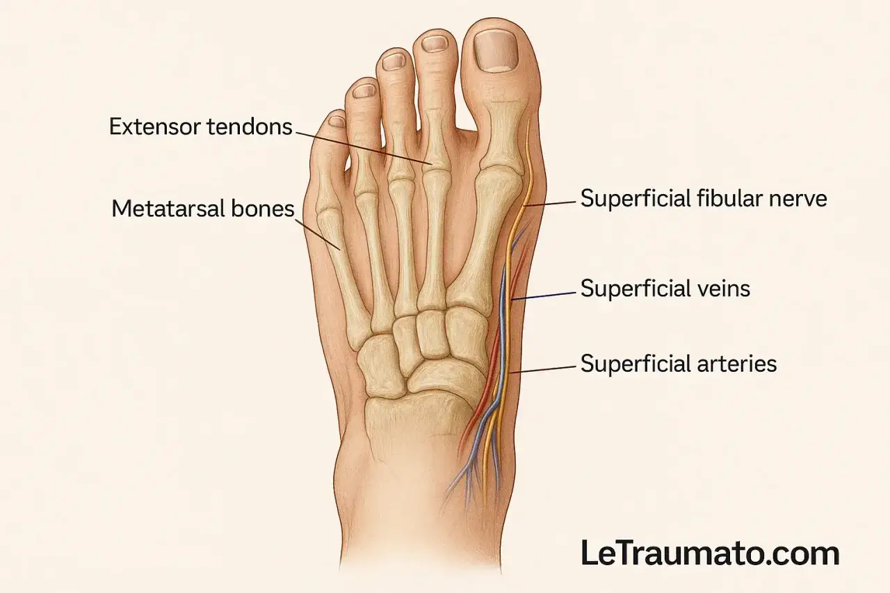 Anatomie du pied gauche, montrant les os métatarsiens, les tendons extenseurs et les nerfs fibulaires superficiels. Utile pour comprendre la douleur au pied gauche.
