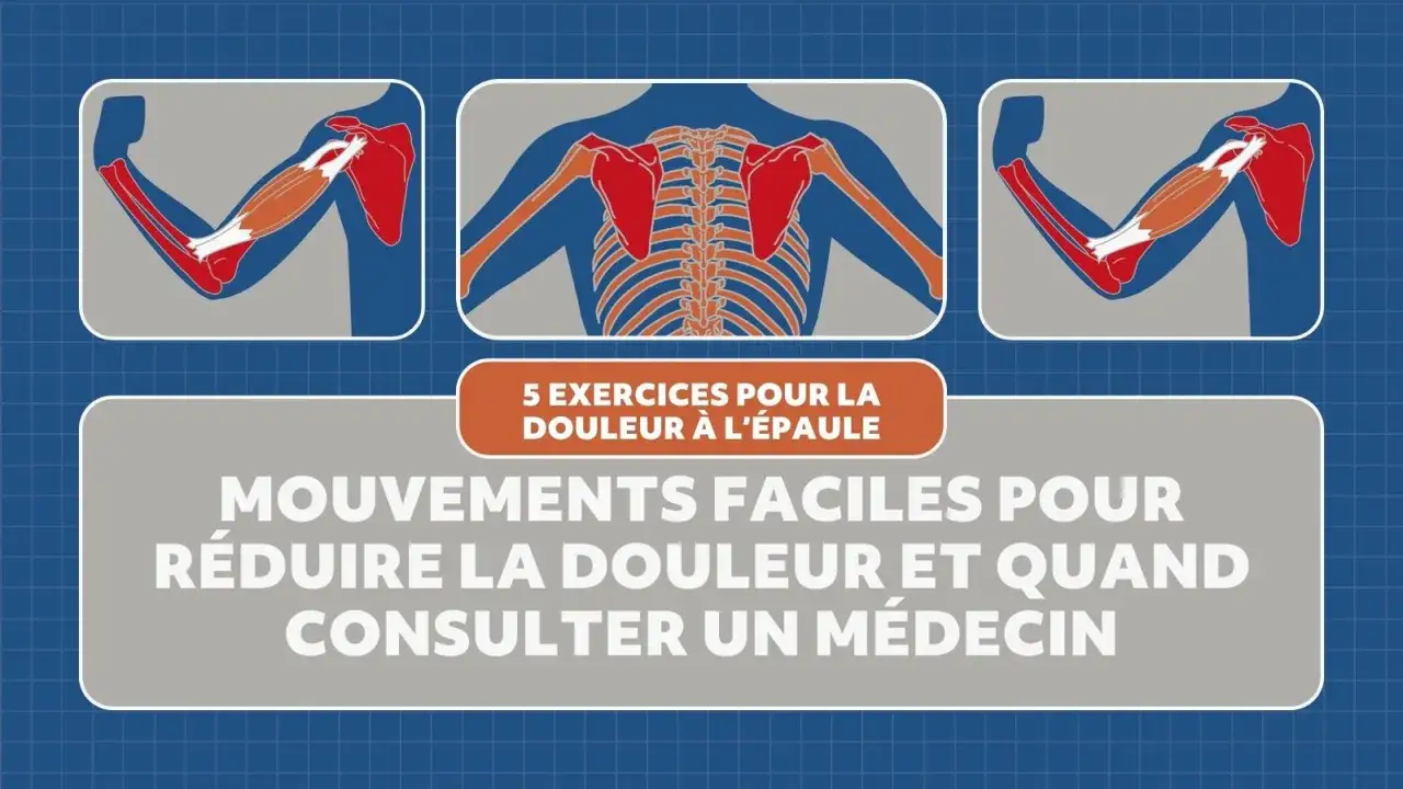 Illustrations anatomiques montrant des mouvements pour l'exercice mobilité épaule. Texte : 