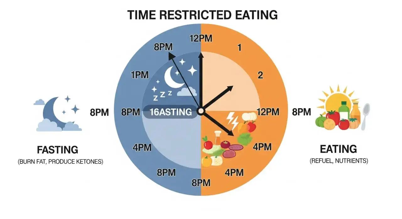 Un jeune intermittent suit un cycle de jeûne et d'alimentation, illustré par une horloge divisée entre le sommeil et les repas.