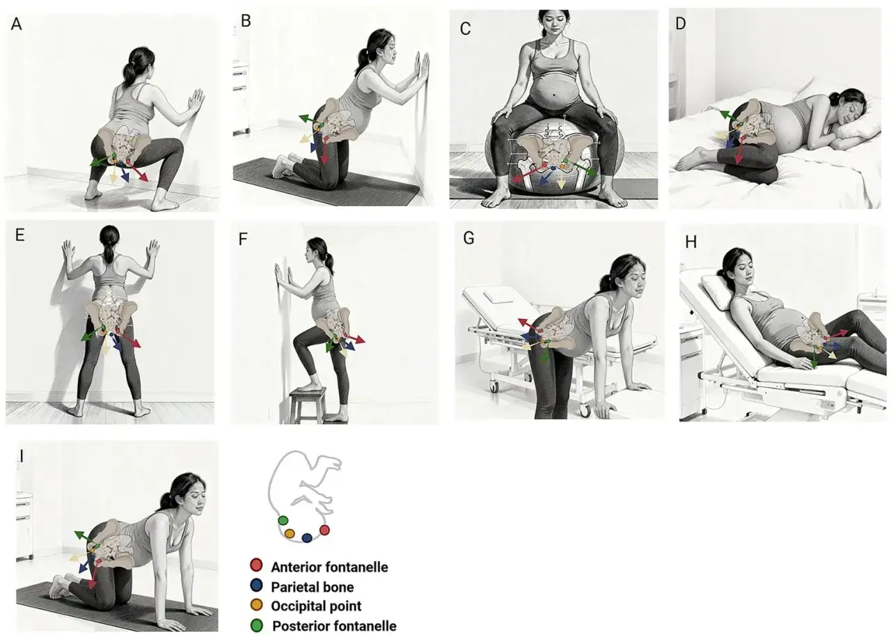 Diverses positions physiologiques d'accouchement illustrées, montrant l'anatomie pelvienne et les mouvements du bébé.