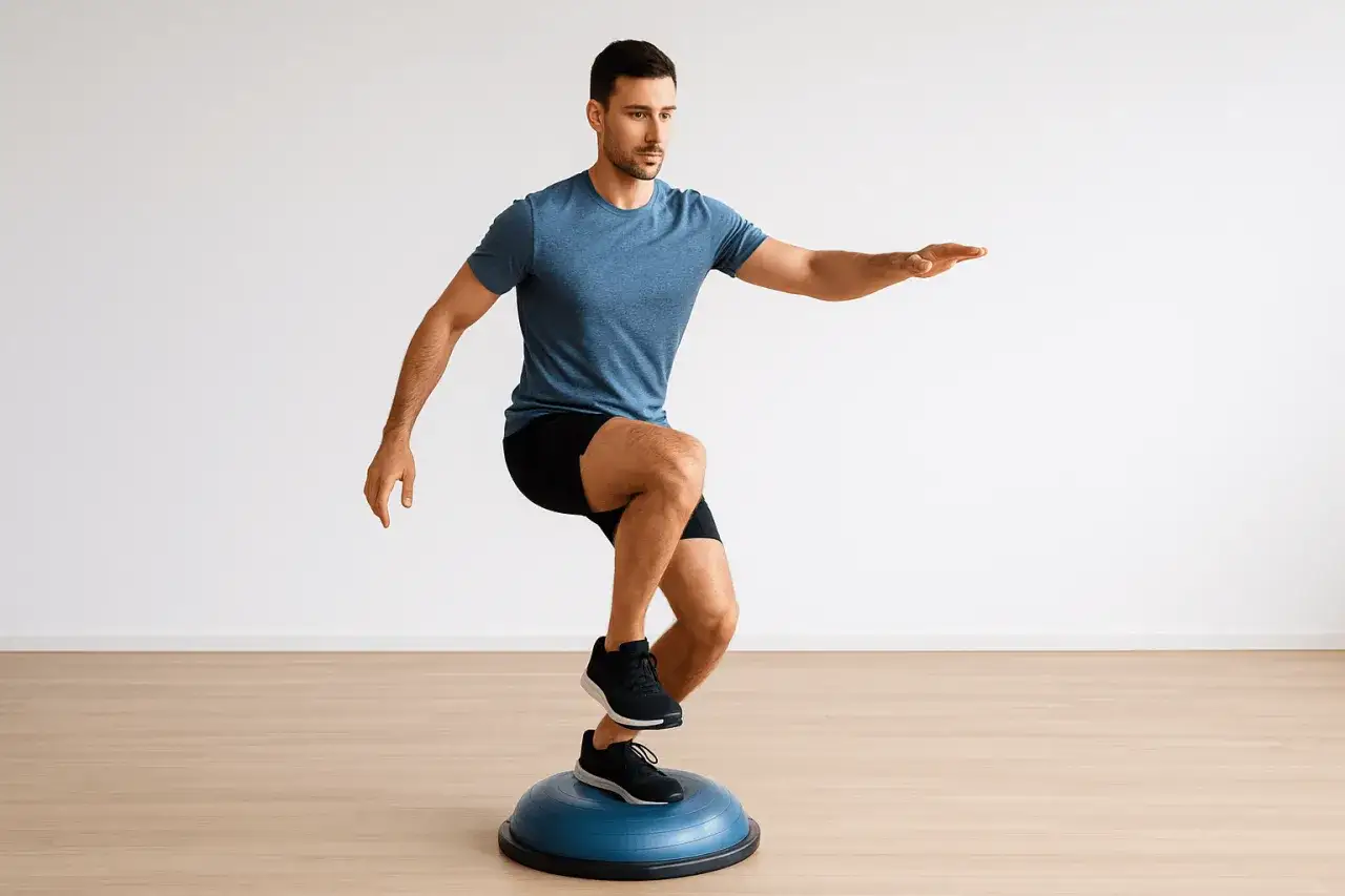 Homme s'entraînant sur un ballon de Bosu. Si vos genoux lâchent quand vous marchez, cet exercice peut vous aider à renforcer vos jambes.