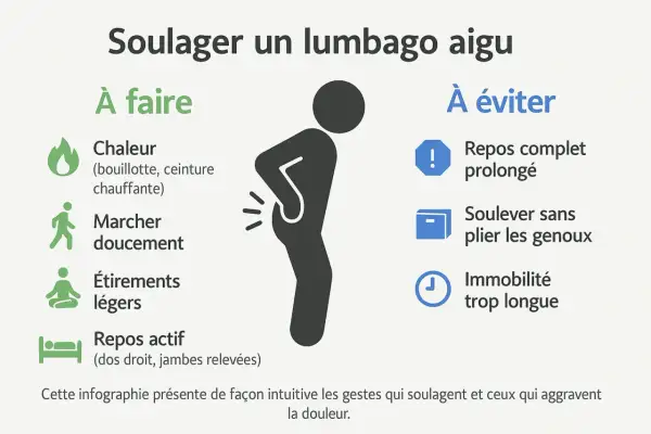 Soulager un lumbago aigu : chaleur, marche douce, étirements légers, repos actif. Éviter repos prolongé, soulever sans plier les genoux, immobilité.