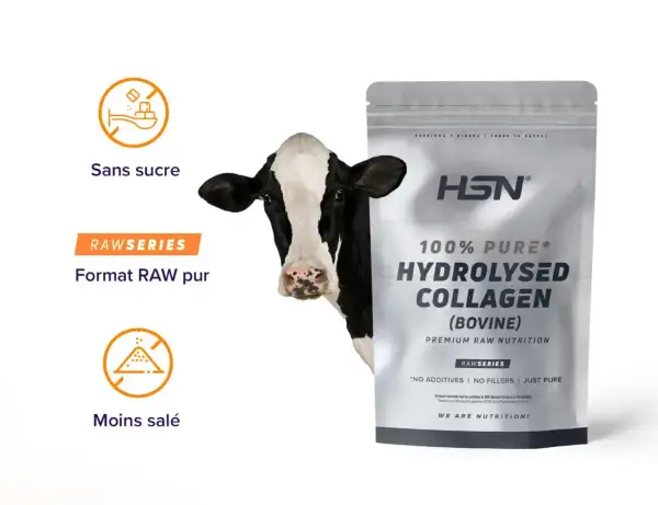 Un sachet de collagène bovin HSN, sans sucre ni sel ajouté, avec une vache en arrière-plan.