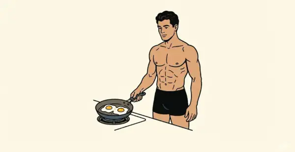 Un homme musclé prépare des œufs au plat. Combien d'oeuf par jour pour un tel physique ?